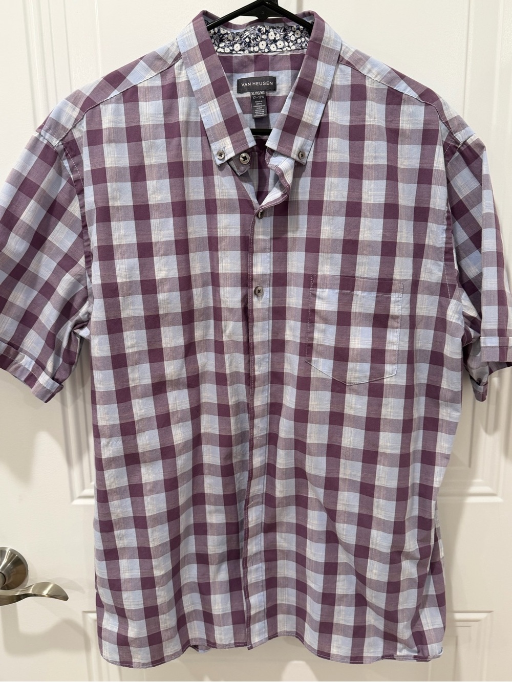 Van Heusen Men's Short-Sleeve Button-Down Shirt - White & Purple Check